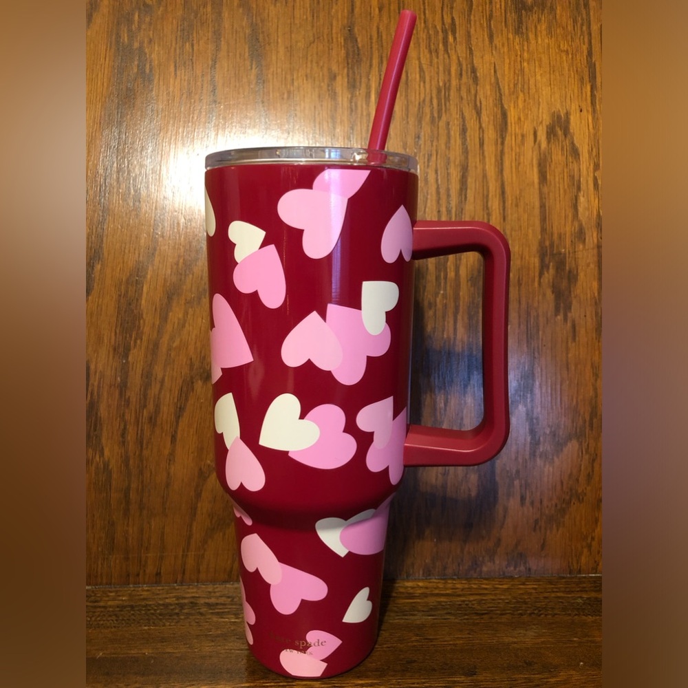 NWT-Kate Spade-40 Ounce Hearts Tumbler Cup-Red, Pink & White-Lid & Straw-$42.95 - Picture 2 of 9